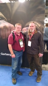 Assistant Director John Bowe with survival expert Dave Canterbury at the Industrial Revolution booth . IR produces the Light My Fire Brand.